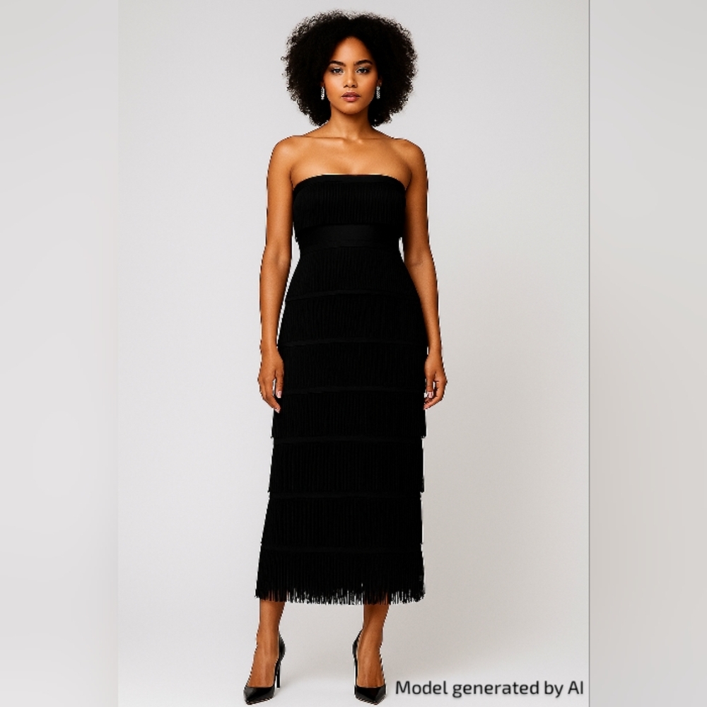 Tu Mirada Elegant Strapless Black Fringe Dress